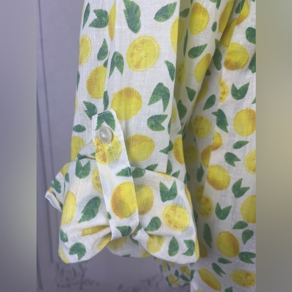 Casual V-Neck Cuffed Long Sleeves Cotton Blouse A-Line Lemon Print - Picture 9 of 11